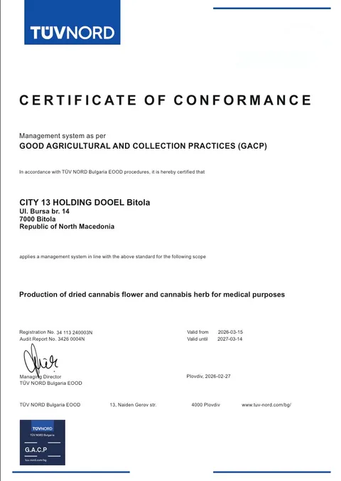 GACP certificate of conformance issued to City 13 Holding DOOEL Bitola by TÜV NORD Bulgaria