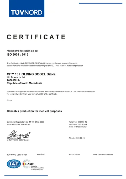 ISO 9001:2015 quality management certificate issued to City 13 Holding DOOEL Bitola by TÜV NORD CERT